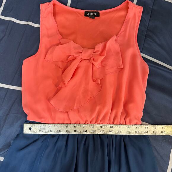 A. Byer Pink & Navy Bow Front Dress – Sleeveless Chiffon Fit & Flare Size M - Picture 5 of 6